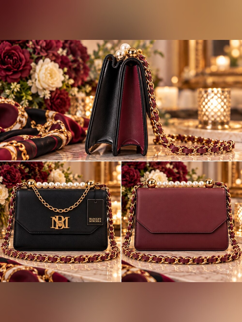 H-126 Badgley Mischka Black & Wine Vegan Leather Crossbody Bag NWT